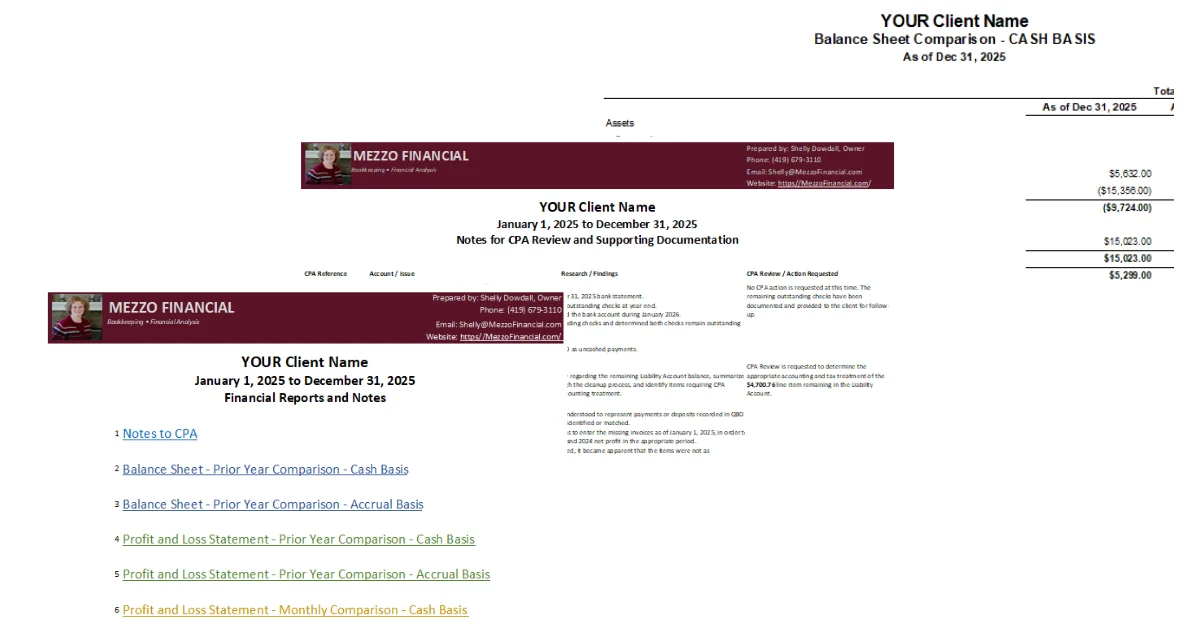 Mezzo Financial Tax Prep Package with financial reports and supporting notes — helping tax professionals receive organized information about their client’s books.