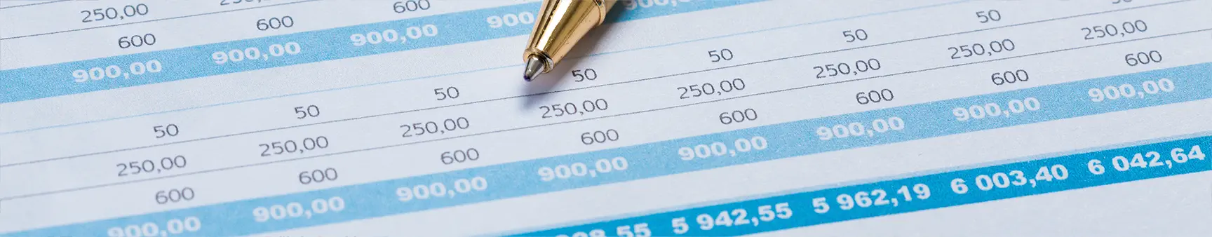 Financial spreadsheet with rows of monetary figures and a gold pen, representing Mezzo Financial’s bookkeeping and financial analysis services for businesses in Central Ohio—including Delaware, Marion, Mansfield, Mount Vernon, and Cardington—and inviting visitors to schedule a free phone consultation, with nationwide support available